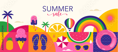 Colorful Geometric Summer Background, poster, banner. Summer time fun concept design promotion design