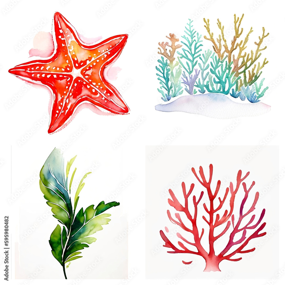 Hand Drawn Watercolor Sea Themed Elements Illustration Generative Ai
