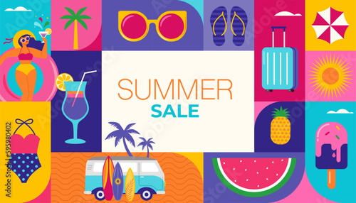 Colorful Geometric Summer Background, poster, banner. Summer time fun concept design promotion design