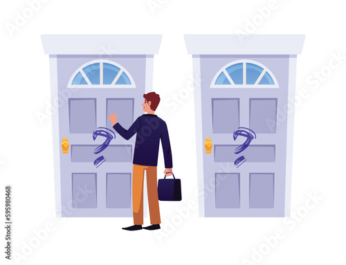 Smiling young man knocking on one of two identical doors flat style