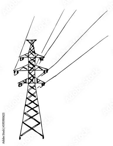 Simple hand drawn black outline vector illustration. Electric pole, wires. Transmission line. Sketch in ink.