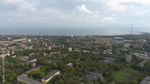 Panorama of Mariupol and Sea of Azov TV tower from above in 2018 Generative AI