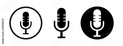 Microphone linear icons set. Equipment for karaoke and podcast. Music record symbol.