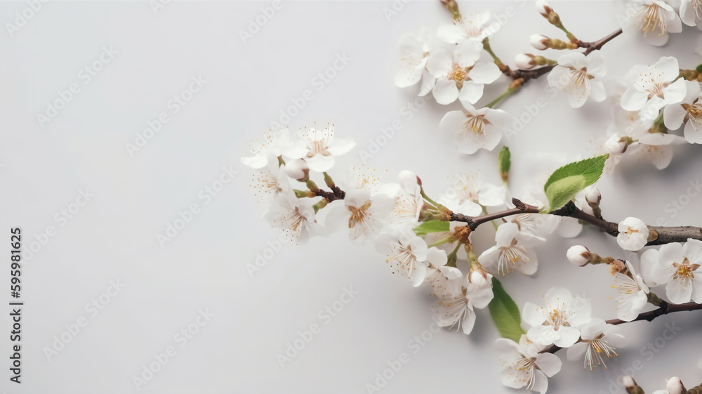  Blossoming Apricot Tree Branches on White with Copy Space: Nature Concept for Web Banners and Greetings. Serene Springtime Floral Background of Cherry Blossoms and Tender Flowers