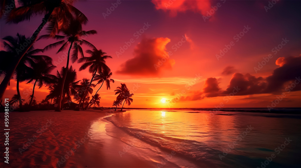 a breathtaking orange sunset on the beach with palm trees, gerenative AI