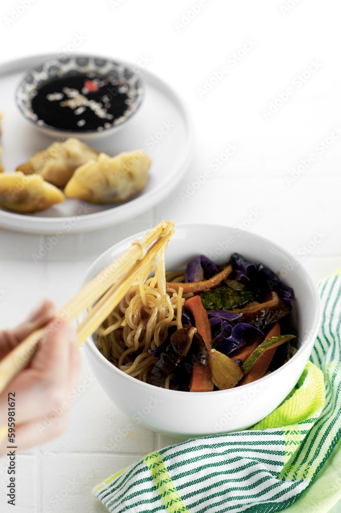 Lo mein with cabbage, zucchini, carrots and meat Lo mein with cabbage, zucchini, carrots and meat