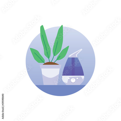 Air humidifier with houseplant on table, circle icon - flat vector illustration isolated on white background.