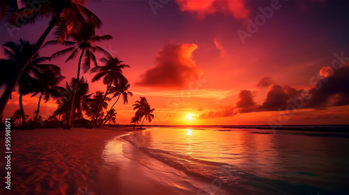 a breathtaking orange sunset on the beach with palm trees, gerenative AI