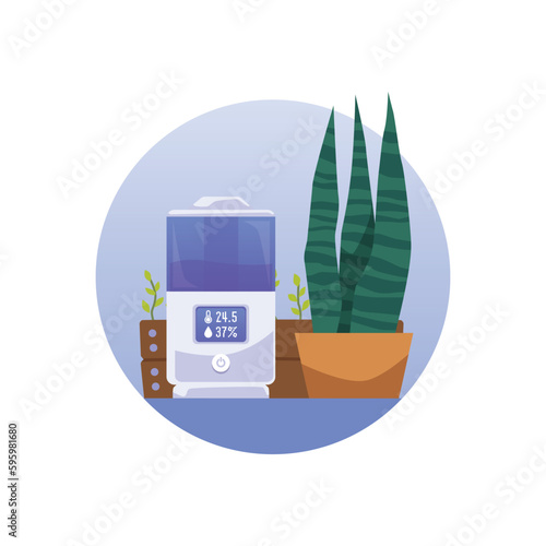 Air humidifier prevents plants from dryness, flat vector illustration isolated on white background.