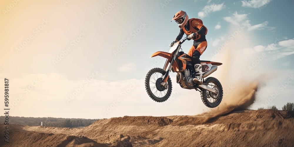 Naklejka premium extreme biker making a stunt and jumps in the air by ai generative