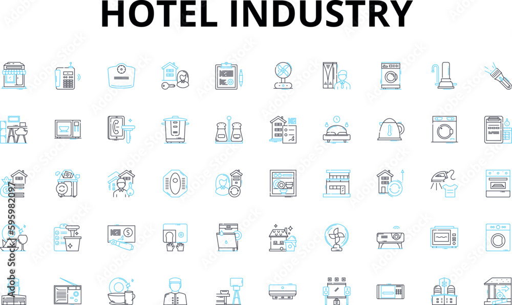 Hotel industry linear icons set. Accommodation, Hospitality, Luxury, Service, Travel, Lodging, Amenities vector symbols and line concept signs. Boutique,Comfort,Reservations illustration