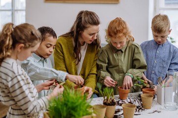 Young teacher learning pupils how to take care about plants.