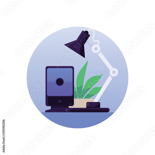 Air humidifier on working desk with lamp and houseplant, flat vector illustration isolated on white background.