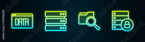 Set line Data analysis, Server, Search with folder and security padlock. Glowing neon icon. Vector