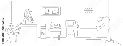 Laser therapy cabinet concept.  Beauty salon room. Reception in salon or clinic. Beauty salon room interior with bed and other apparatus. Trendy line style. Salon background. Vector illustration