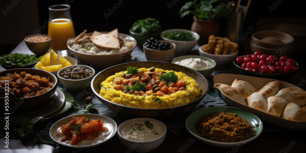 Middle Eastern cuisine , variety of dishes with food on a wooden table, generative ai Middle Eastern cuisine , variety of dishes with food on a wooden table, generative ai
