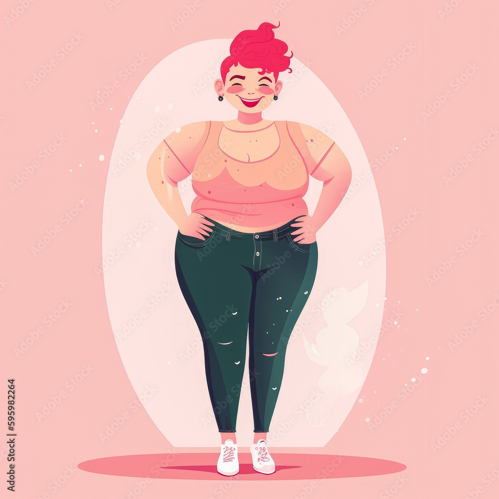 Body positivity, young overweight looking teenage with pink short hair ...