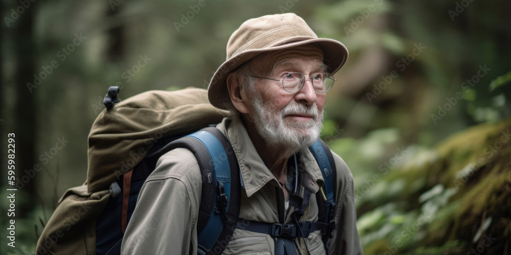 Adventurous Journey: Senior Man Embarks on a Backpacking Expedition, hiking the highest mountain. Generative AI