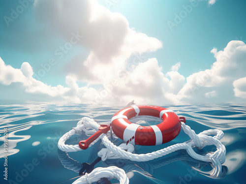 Help life preserver floating in the middle of the ocean, water all around with blue sky in the background and white fluffy clouds, generative ai