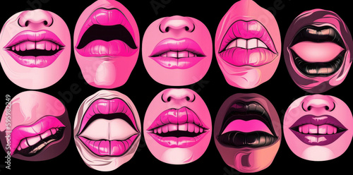 vector style pink illustration, pink woman lips with open mouth tongue and teeth, generative ai