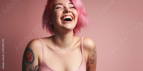 body positive cute looking teenage with tattoo on her arm, short pink hair, freckles, smiling on pastel pink background, generative ai