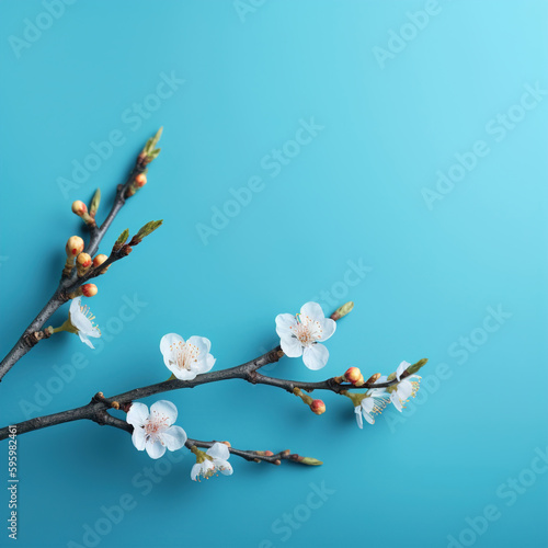  Blossoming Apricot Tree Branches on Blue with Copy Space  Nature Concept for Web Banners and Greetings. Serene Springtime Floral Background of Cherry Blossoms and Tender Flowers
