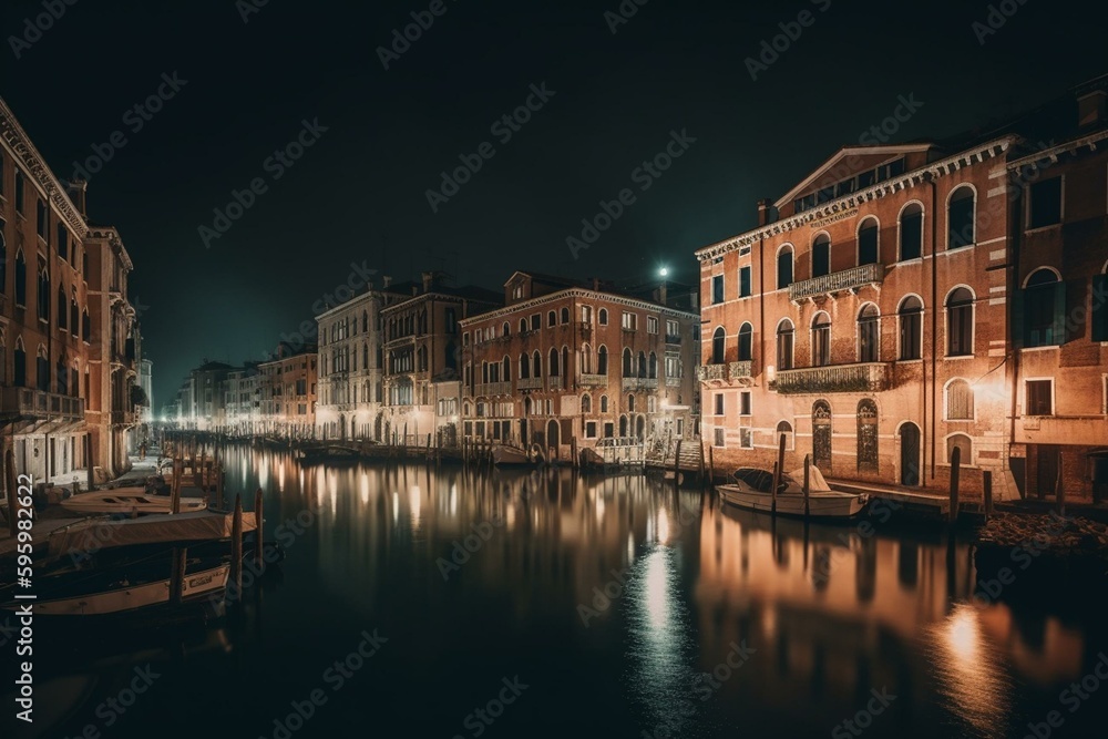 Venice at night with beautiful cityscape and waterfront. Generative AI