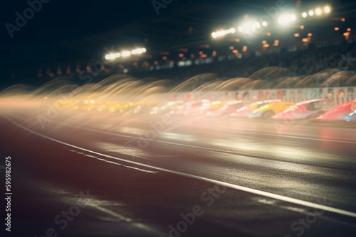 Motion-blurred spotlights at the finish line of a racetrack. Generative AI