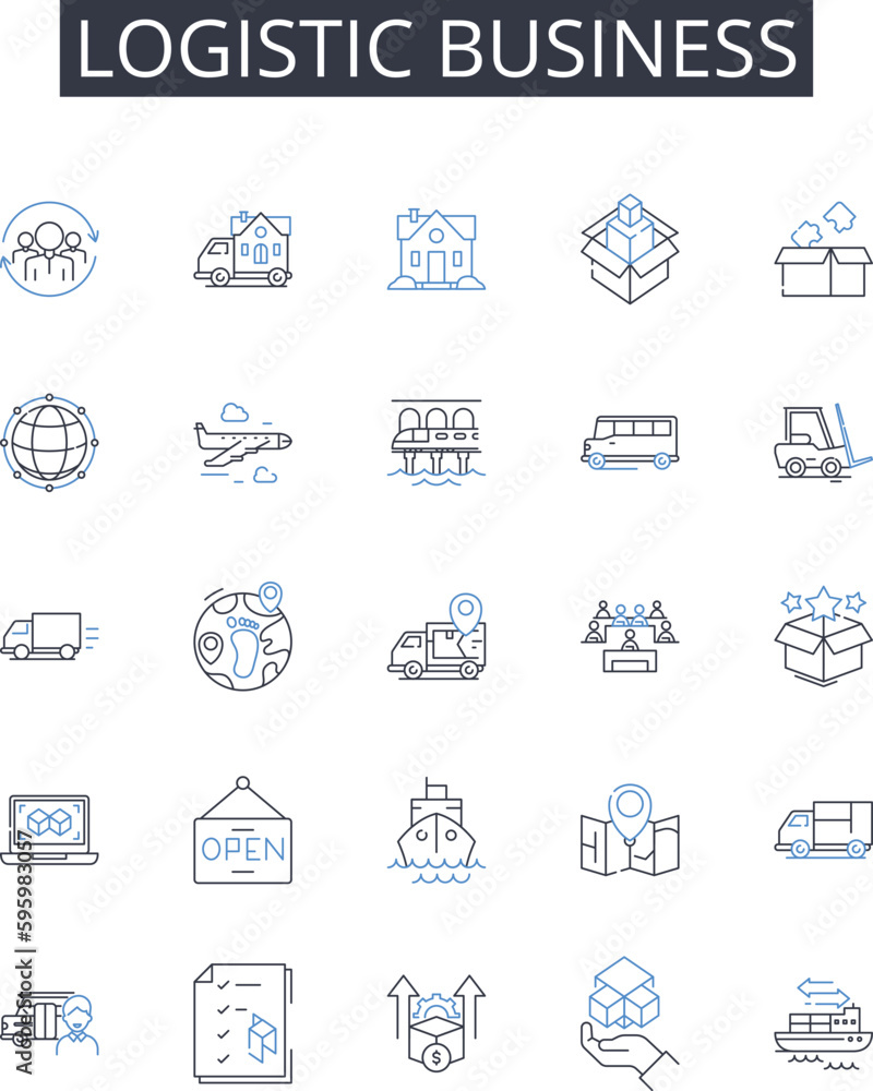 Logistic business line icons collection. Supply chain management, Distribution system, Transportation services, Fleet management, Warehousing operations, Inventory control, Freight forwarding vector Logistic business line icons collection. Supply chain management, Distribution system, Transportation services, Fleet management, Warehousing operations, Inventory control, Freight forwarding vector