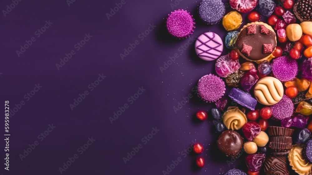 Background with sweets on a purple background from above, generative AI. Background with sweets on a purple background from above, generative AI.