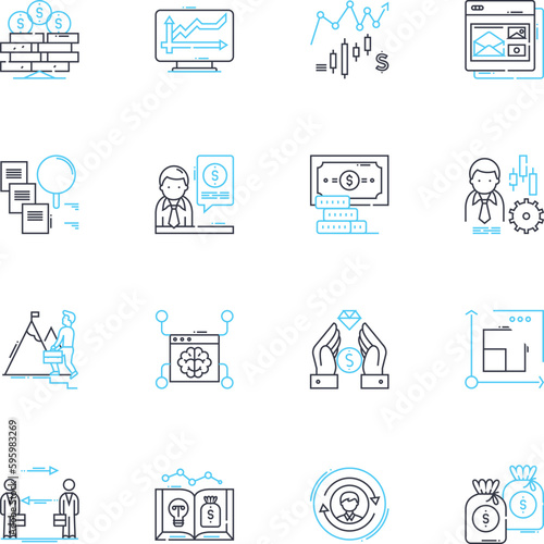 Accounting records linear icons set. Ledger, Journal, Balance, Asset, Liability, Income, Expense line vector and concept signs. Bookkeeping,Receipt,Invoice outline illustrations