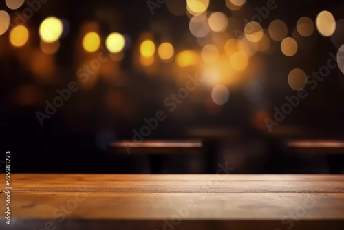 table in the restaurant with golden lights. create with generative ai technology