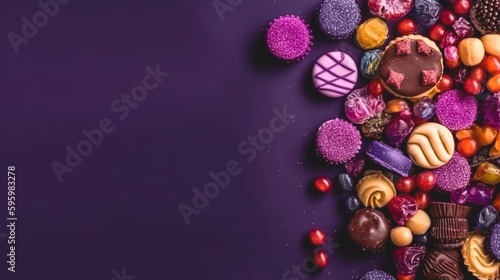 Background with sweets on a purple background from above, generative AI. © puhimec