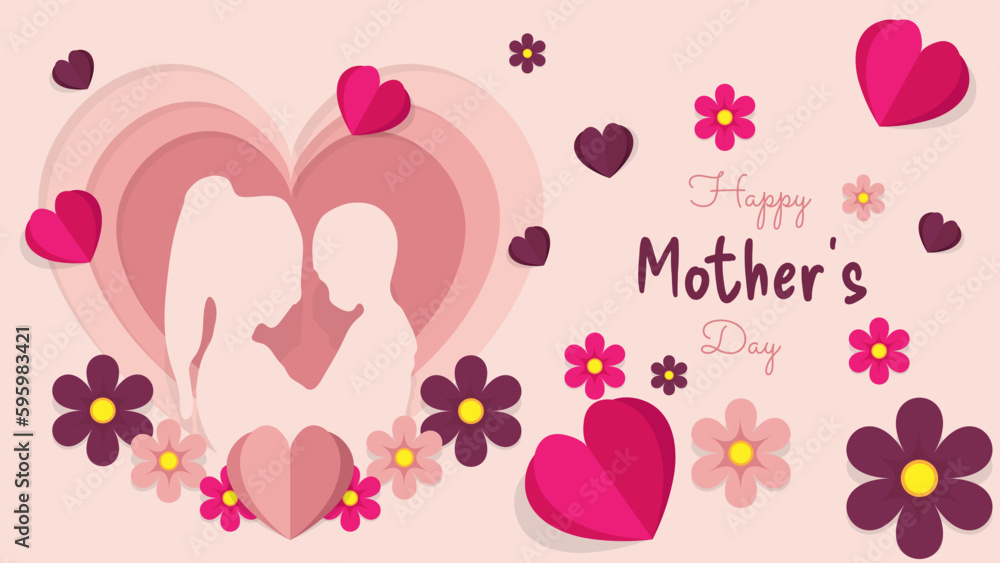 Happy mother's day greeting card with heart and flowers. Vector illustration