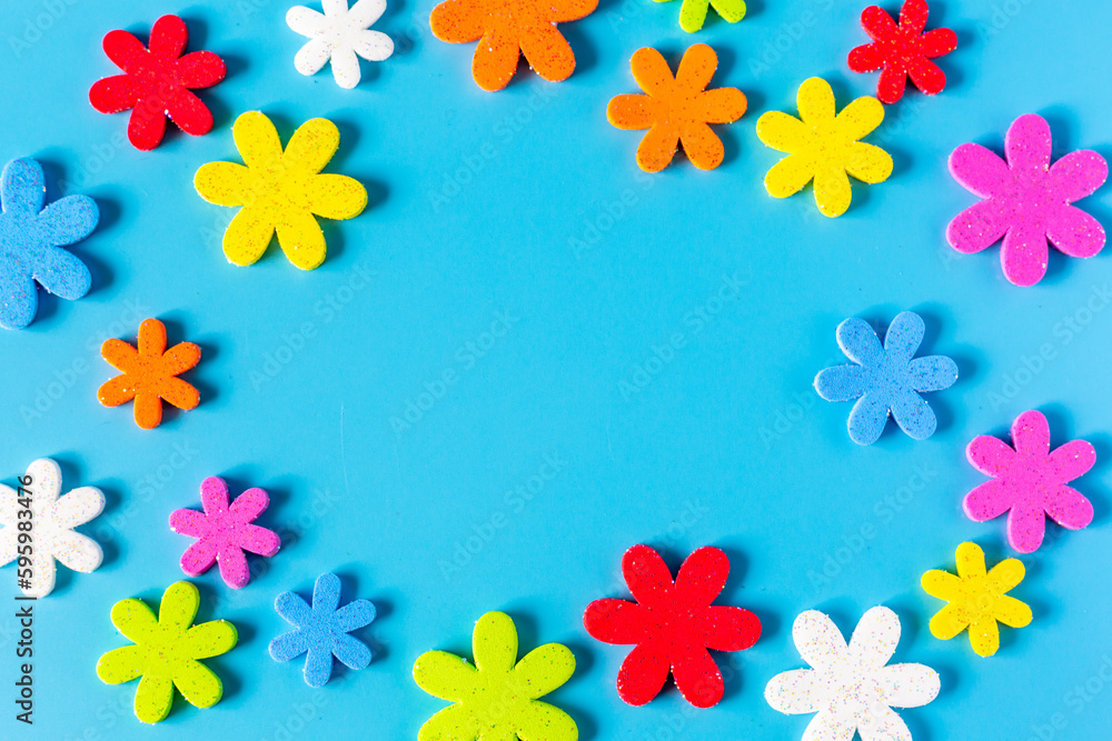 Flower eva foam rubber for decoration isolated on blue background, Decorative foam rubber material for creating artificial handmade flower, View from above.