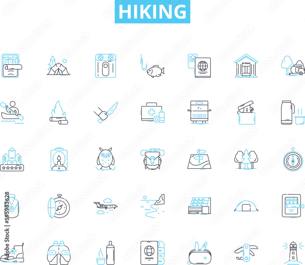 Hiking linear icons set. Trail, Summit, Scramble, Backpack, Trek, Waterfall, Breath-taking line vector and concept signs. Adventure,Explore,Wilderness outline illustrations