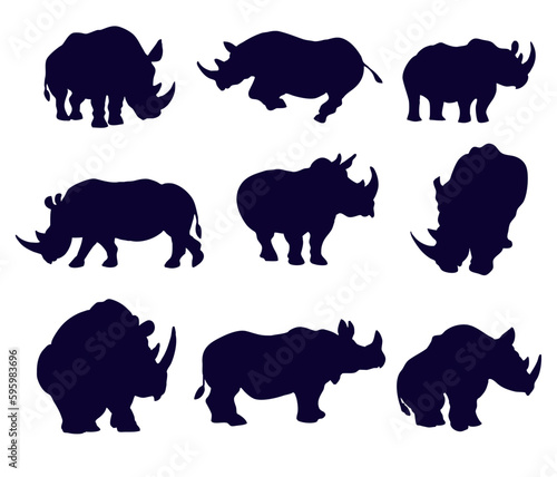 Set of nine silhouettes of rhinos