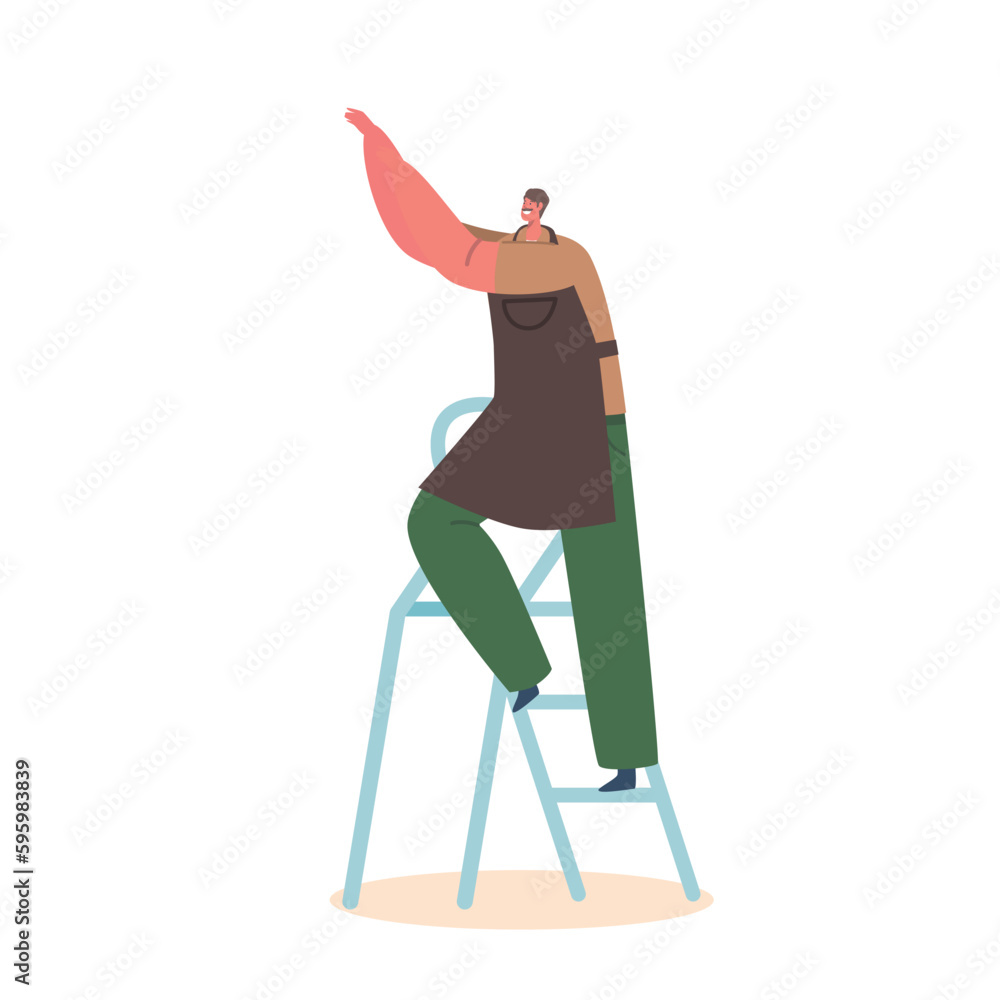 Fototapeta premium Man Character In Apron Standing On Ladder, Working Diligently. He Is Focused And Appears To Be Doing A Skilled Job