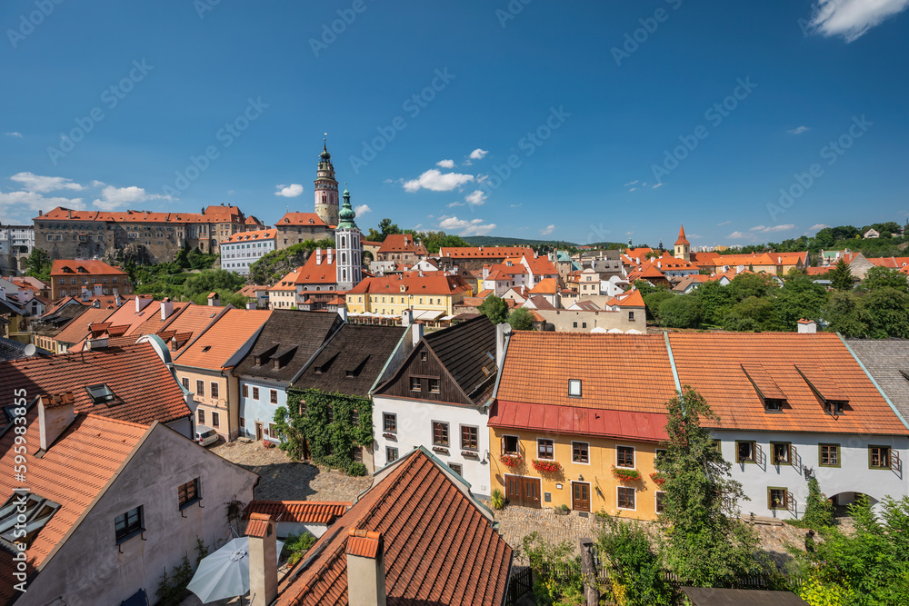 Obraz premium Cesky Krumlov Czechia Czech Republic, high angle view city skyline at old town and Vltava River