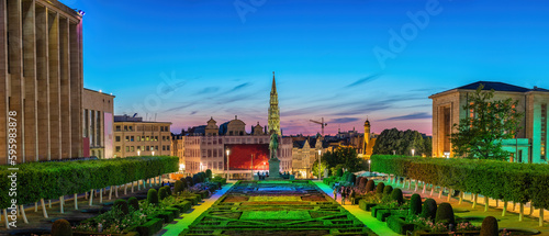 Brussels Belgium, night panorama city skyline at Mont des Arts Garden