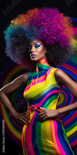 Afroamerikanische Frau in Designer Mode und poppiger bunter Haar Frisur, ai generativ