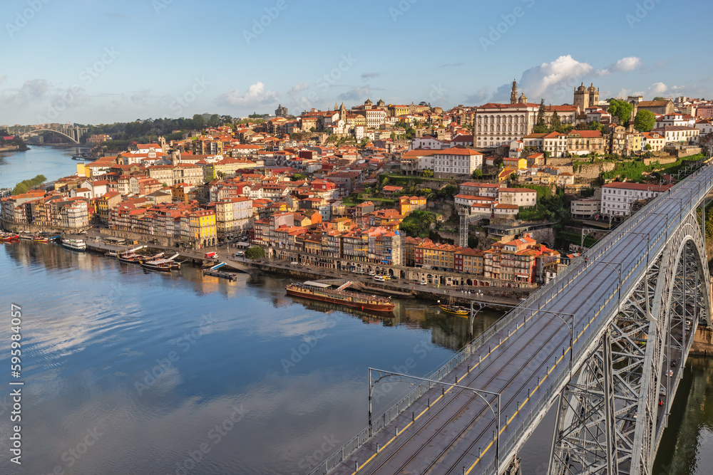 Porto Portugal, city skyline at Porto Ribeira with Douro River and Dom Luis I Bridge