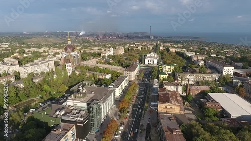 Drama theater and Panorama of Mariupol from above Azovstal plant works and smokes in 2018 Generative AI