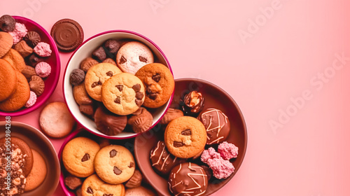 Different cookies on a pink background, flat lay, generative AI.