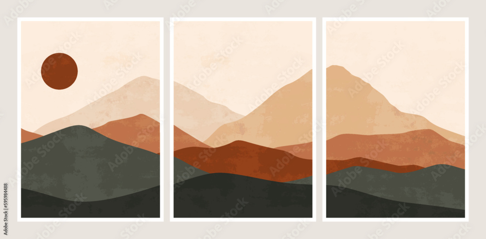 Abstract mountain landscape collage. Modern minimalist horizon panorama, geometric nature wallpaper. Vector boho set