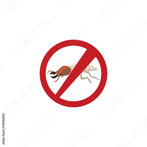 Termite bug under prohibition sign, flat vector illustration isolated on white background.