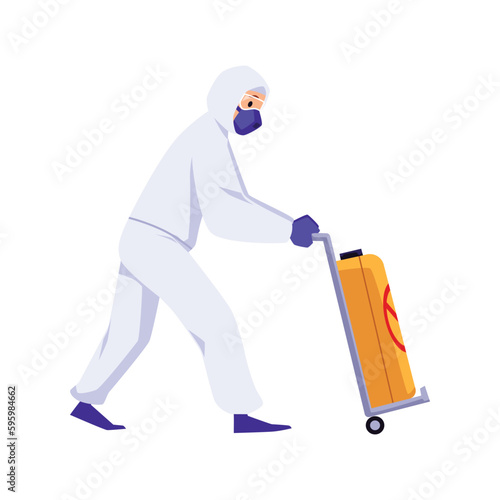 Pest control disinsector or disinfector transporting chemicals, vector isolated.
