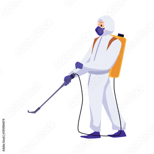 Person in protective white suit and disinfecting spray, flat vector illustration isolated on white background.