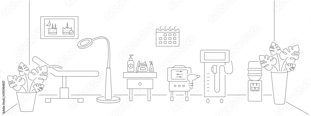 Laser therapy cabinet concept.  Beauty salon room. Cosmetic salon or clinic. Beauty salon room interior with bed and other apparatus. Trendy line style. Salon background. Vector illustration