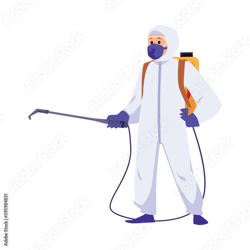 Pest control disinfector in suit with spray, flat vector illustration isolated.
